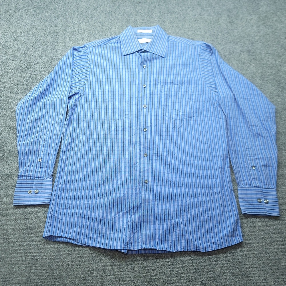 Michael Kors Mens Blue Striped Cotton Button Down Dress Shirt Medium 15.5 34/35